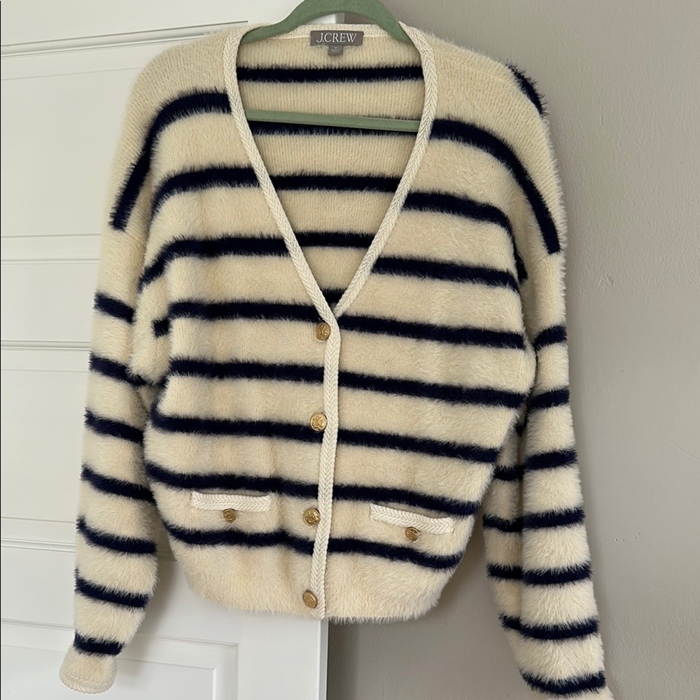 J. Crew Cream and Black Striped Women's Sweater